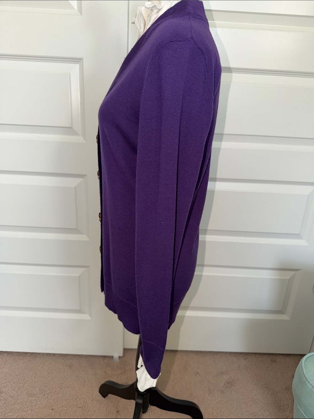 Purple V-Neck Button Cardigan Sweater Tory Burch Size L Merino Wool - Picture 4 of 7